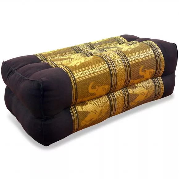 Block pillow, Silk, dark brown-gold / elephants