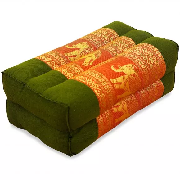 Block pillow, Silk, green-orange / elephants