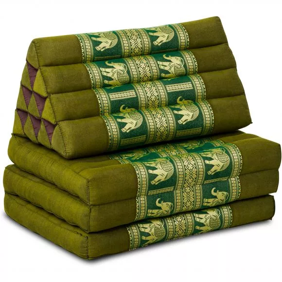 Thai Cushion 3 Fold, silk, green/elephant