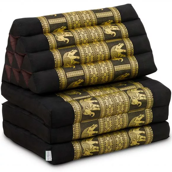 Thai Cushion 3 Fold, silk, black/elephant