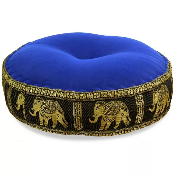 Zafu Pillow, silk, blue / black elephants