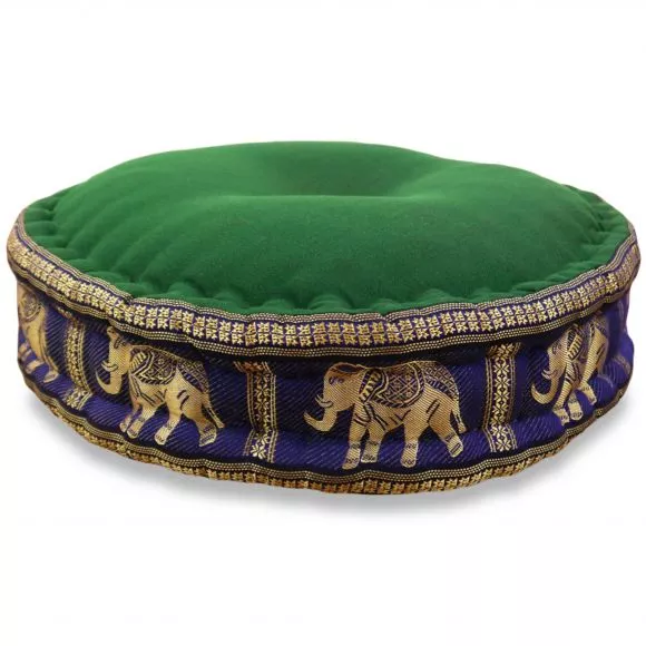 Zafu Pillow, silk, green / blue elephants