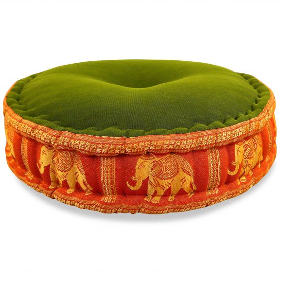 Zafu Pillow, silk, green-orange elephants
