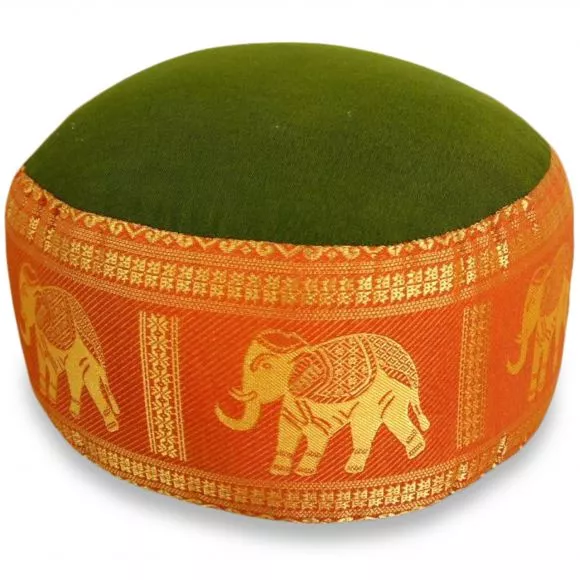 Small Zafu Pillow, silk, green-orange / elephants