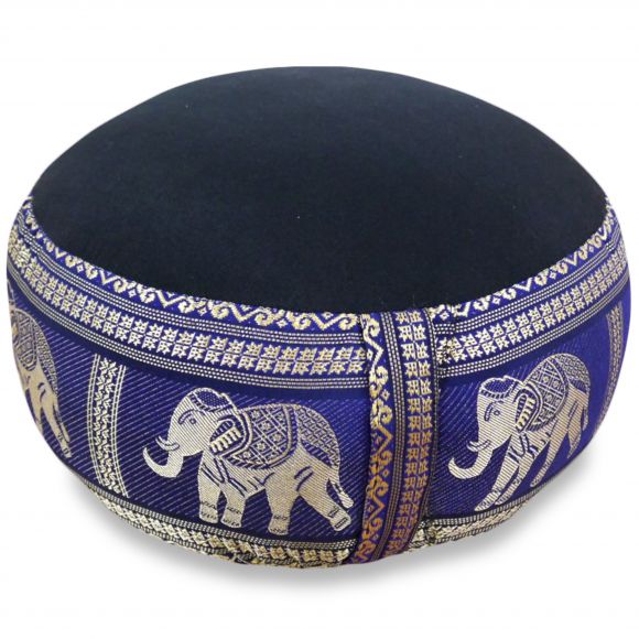 Small Zafu Pillow, silk, black-blue / elephants