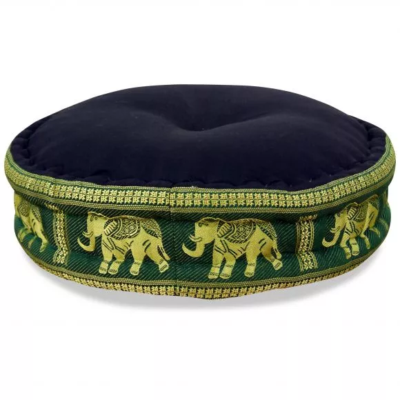 Zafu Pillow, silk, black / green elephants