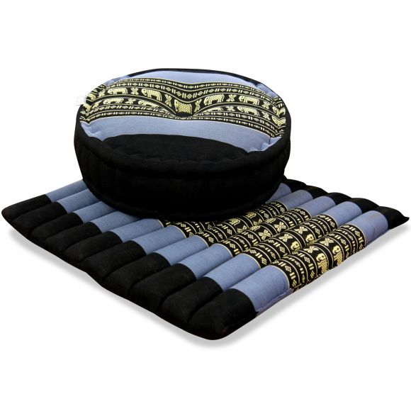 Kapok, Zafu Cushion + Quilted Seat Cushion Size L, blue / elephants