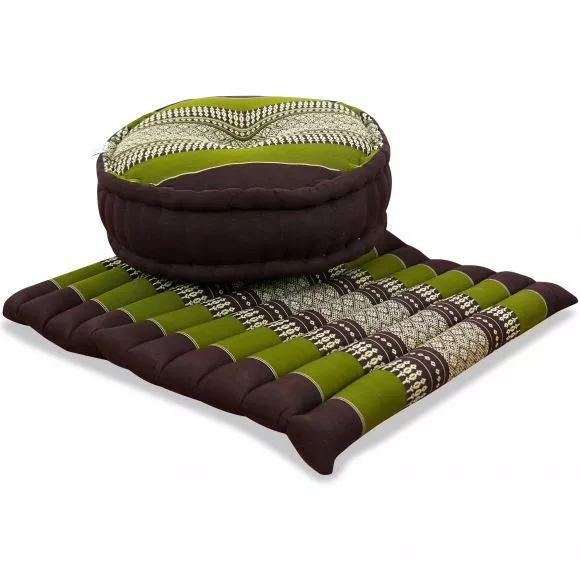 Kapok, Zafu Cushion + Quilted Seat Cushion Size L, brown / green