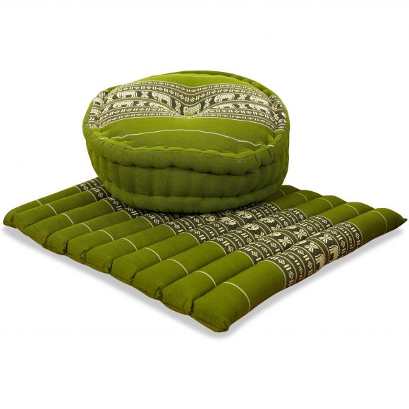 Kapok, Zafu Cushion + Quilted Seat Cushion Size L, green / elephants