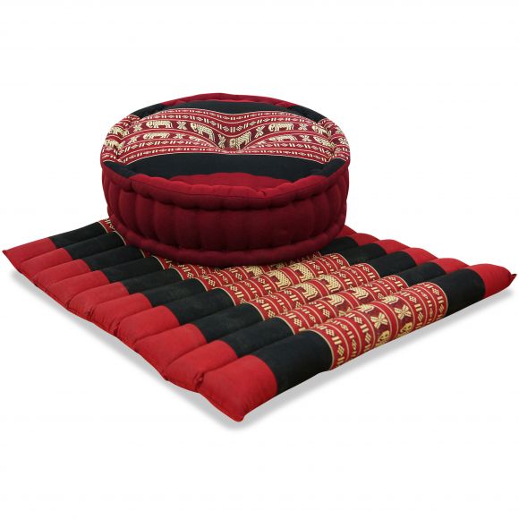 Kapok, Zafu Cushion + Quilted Seat Cushion Size L, red / elephants