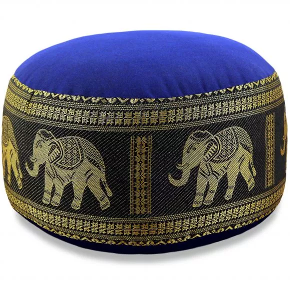 Small Zafu Pillow, silk, blue-black / elephants