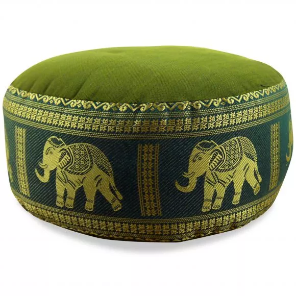 Small Zafu Pillow, silk, green / elephants