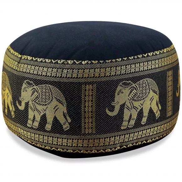 Small Zafu Pillow, silk, black / elephants