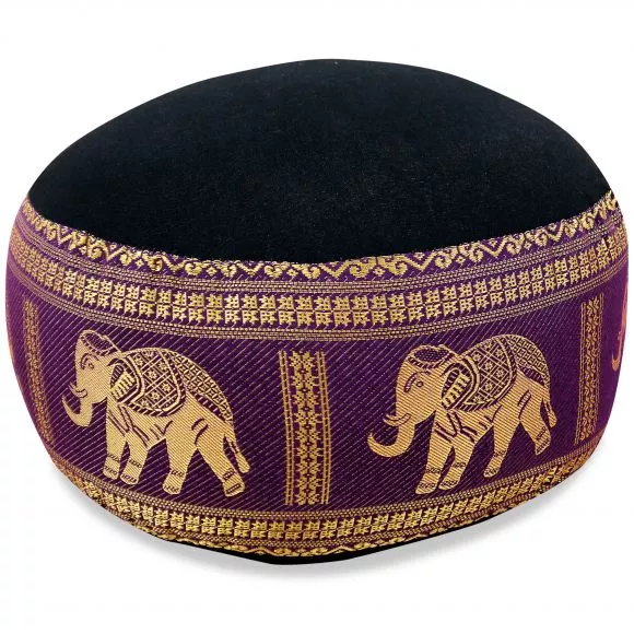 Small Zafu Pillow, silk, black-purple / elephants