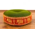 Zafu Pillow, silk, green-orange elephants