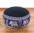 Small Zafu Pillow, silk, black-blue / elephants