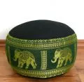 Small Zafu Pillow, silk, black-green / elephants