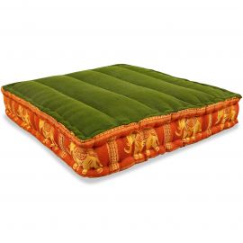 Floor Seat Cushion, Meditation Cushion Silk, green-orange / elephants