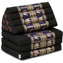 Thai Cushion 3 Fold, silk, black-blue/elephant