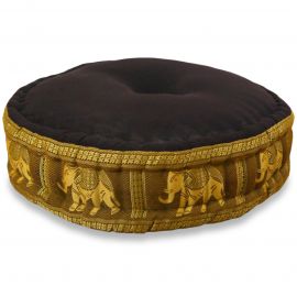 Zafu Pillow, silk, brown / gold elephants