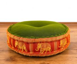 Zafu Pillow, silk, green-orange elephants
