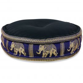 Zafu Pillow, silk, black / blue elephants