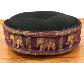 Zafu Pillow, silk, black / purple elephants