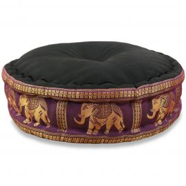 Zafu Pillow, silk, black / purple elephants