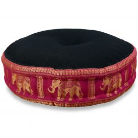 Zafu Pillow, silk, black / pink elephants