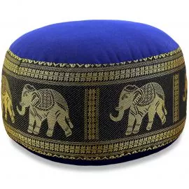 Small Zafu Pillow, silk, blue-black / elephants