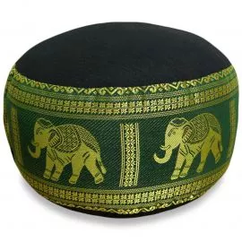 Small Zafu Pillow, silk, black-green / elephants